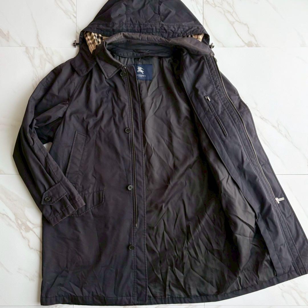 人気 バーバリーロンドン フーデット ロング コート ノバチェック XL 黒XL LL BURBERRY LONDON