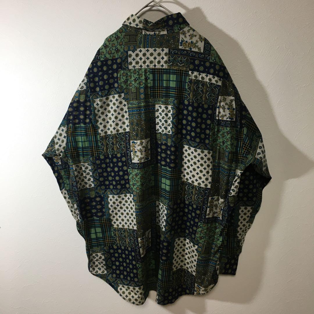 【個性派古着】長袖総柄デザインシャツ　パッチワーク柄　ペイズリー柄　花柄　L