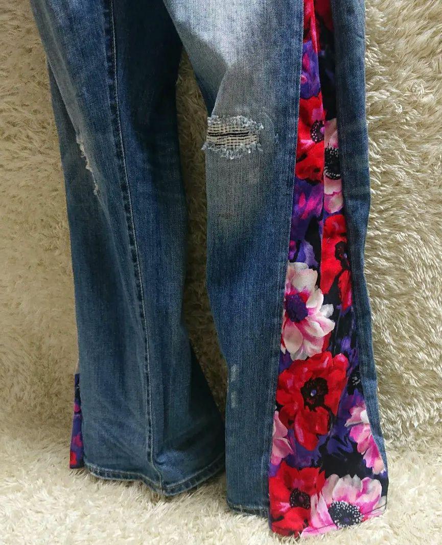 ダメージデニム 再構築 ドッキング フレアパンツ 花柄 手洗い洗濯済