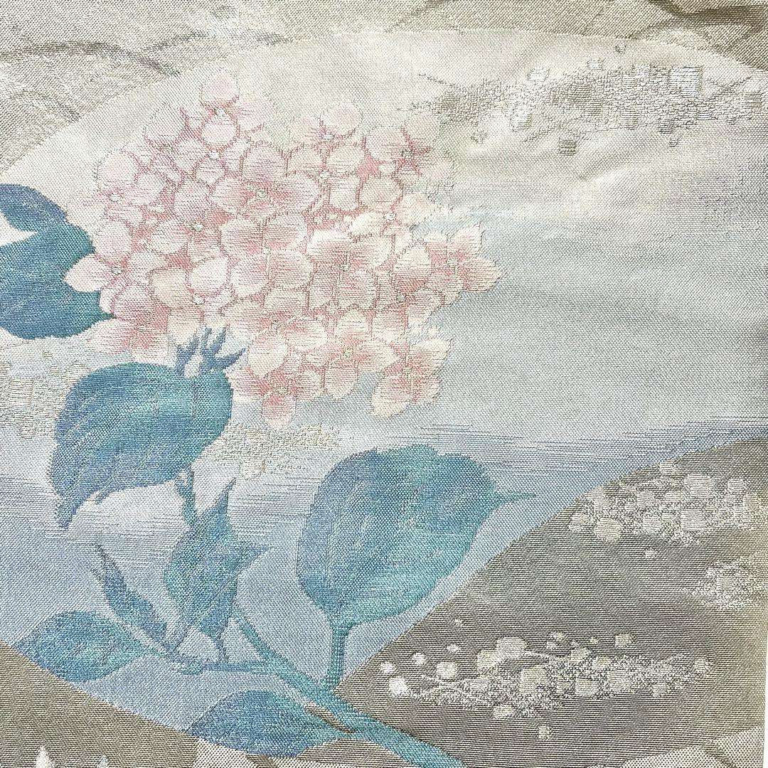 名古屋帯 紫陽花 杜若 露芝紋 金銀糸 白練色 PO-3124