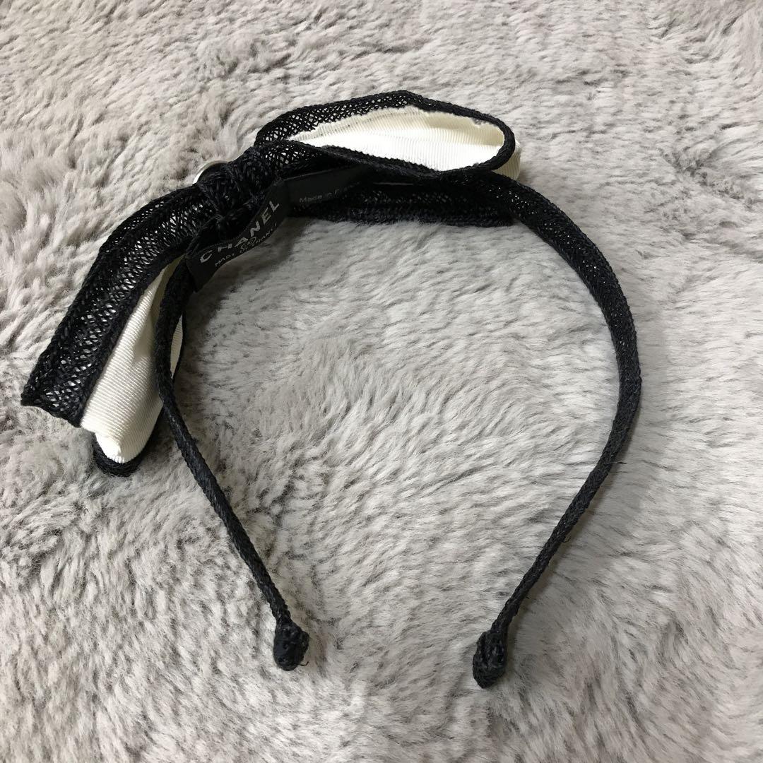 CHANEL リボン　カチューシャ  ホワイト×ブラック　コットン