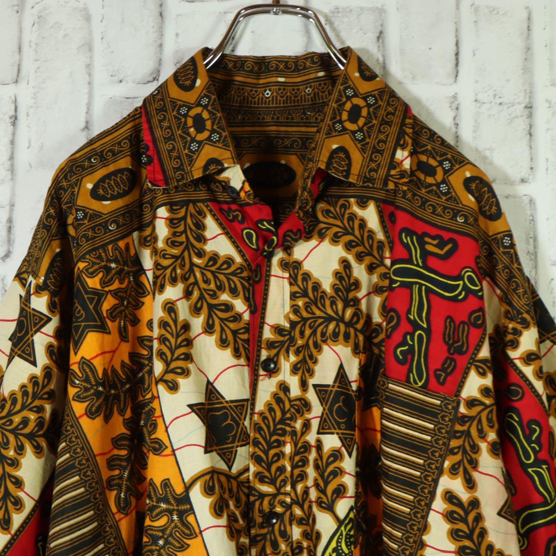 【ヴィンテージ】古着 総柄シャツ サマーシャツ 幾何学模様 こなれコーデ XL