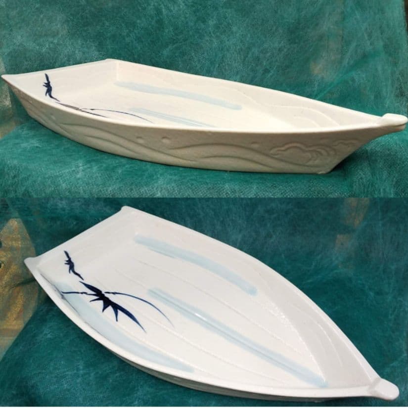 2個 有田焼 石焼き志野 笹絵 舟形盛込み鉢 活け造り 盛鉢 刺し身盛鉢 鮨