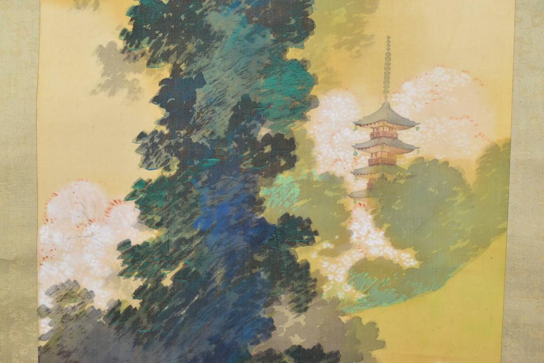 作者不詳/青緑桜花山水図/掛軸☆宝船☆AB-104