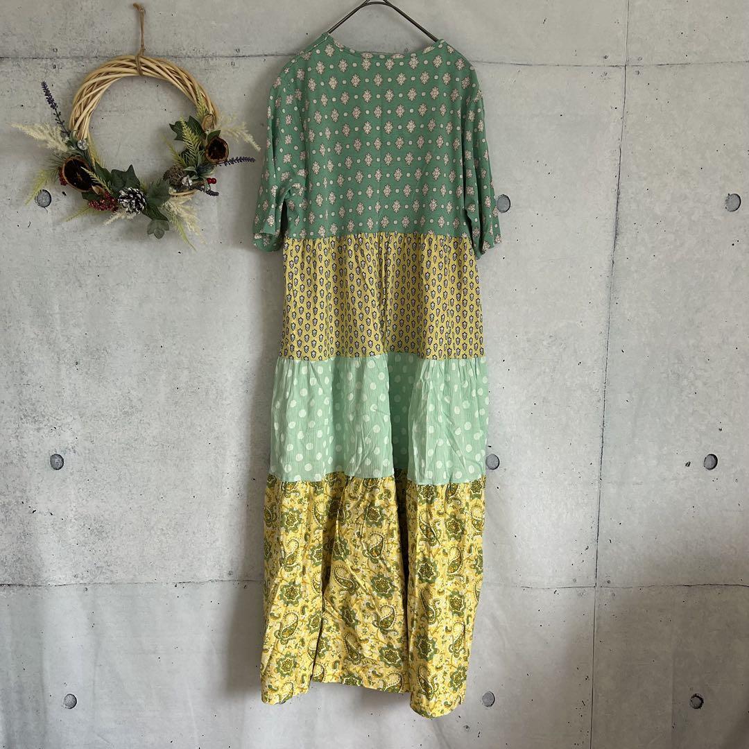 美品 7 ソレイアード【パッチワークロングワンピース】黄色 緑