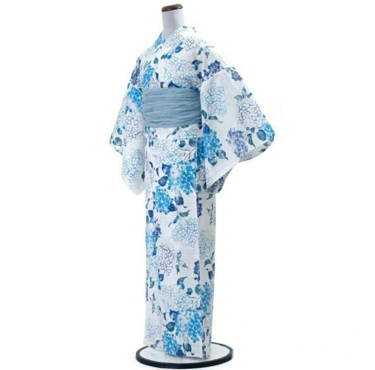 お任せ黄色半幅帯つき◆高級変わり織◆涼し蒼青紫陽花(あじさい)の薄墨浴衣◆