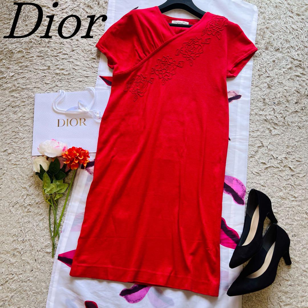 【良品】Christian Dior サマーニットワンピース レッド 半袖 M
