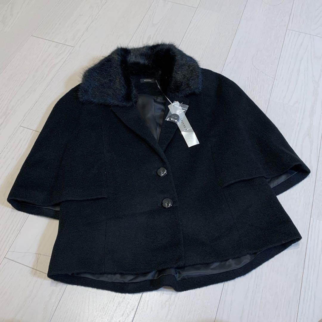 新品　ファー付きジャケット　ハーフコート　アウター　黒　ポンチョ