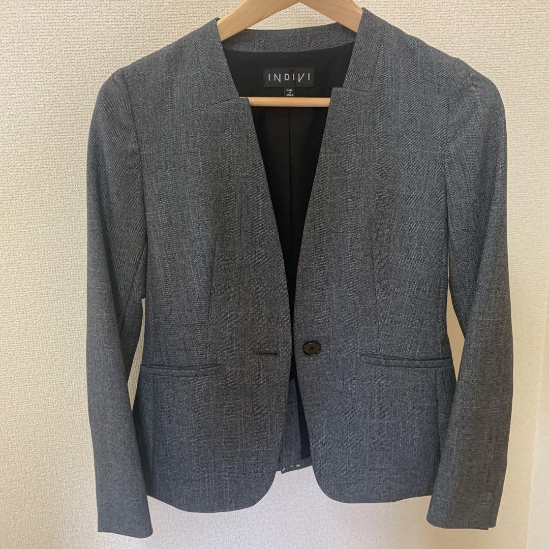 INDIVI ノーカラー グレー ビジネスジャケット