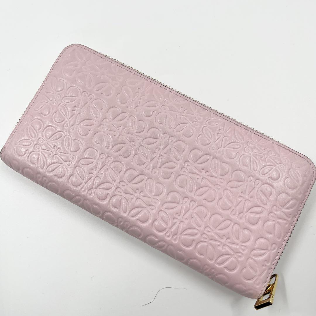 【美品 箱付き】ロエベ 長財布 ピンク リピートアナグラム ロゴ 型押し