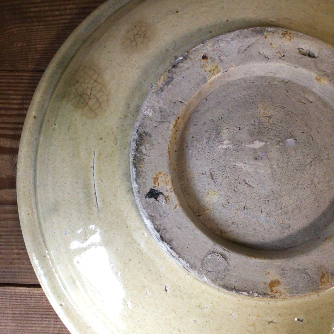 No4080 瀬戸　織部釉　石皿　直径37cm 美濃焼　黄瀬戸　飾皿　送料無料