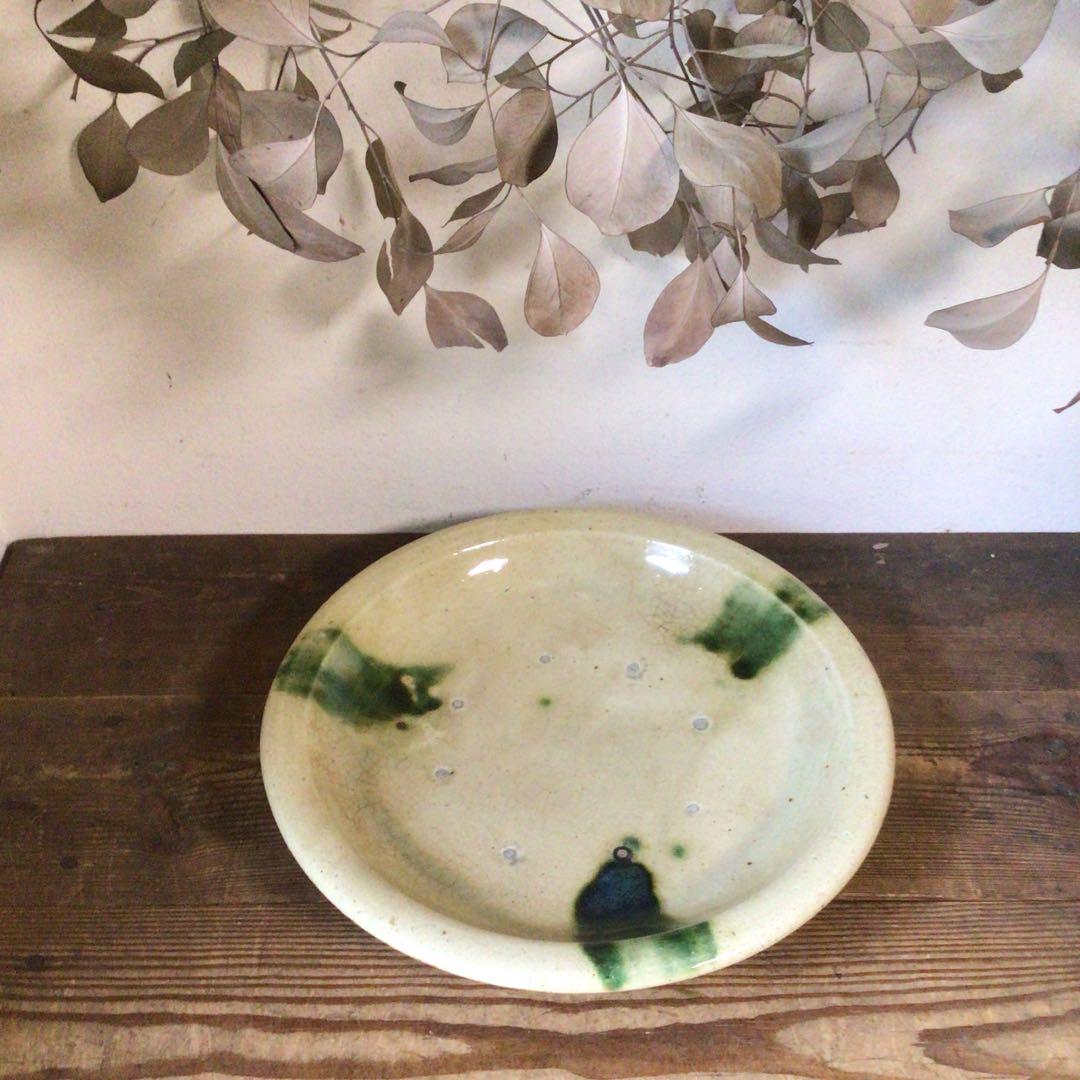 No4080 瀬戸　織部釉　石皿　直径37cm 美濃焼　黄瀬戸　飾皿　送料無料
