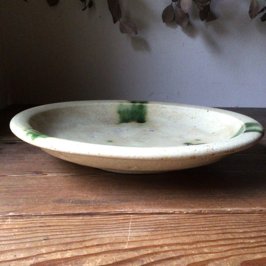 No4080 瀬戸　織部釉　石皿　直径37cm 美濃焼　黄瀬戸　飾皿　送料無料
