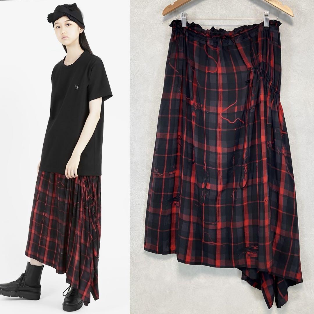 Y\'s 22SS RAYON LAWN CHECK SHIRRING SKIRT