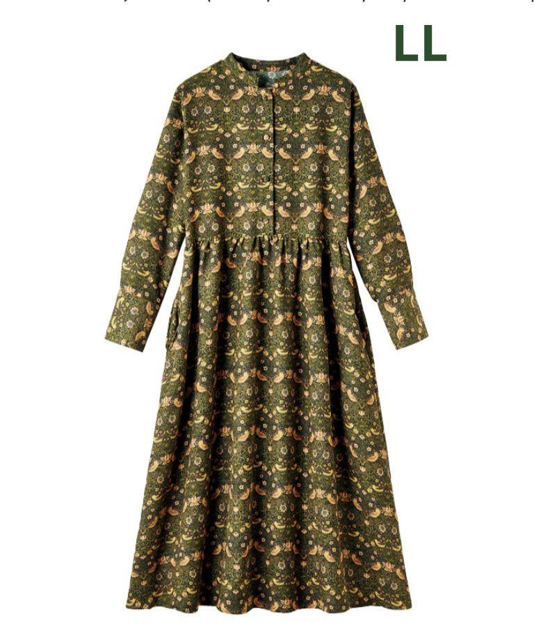 【新品】ウィリアム・モリス　いちご泥棒　長袖　ワンピース　LLサイズ　カーキ