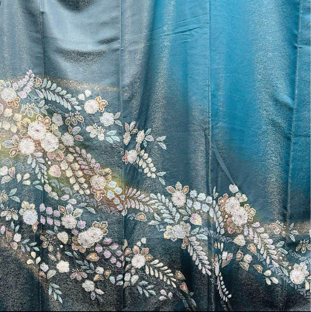 作家もの 金通し 辻ヶ花 訪問着 着物 青緑 トールサイズ 裄70cm