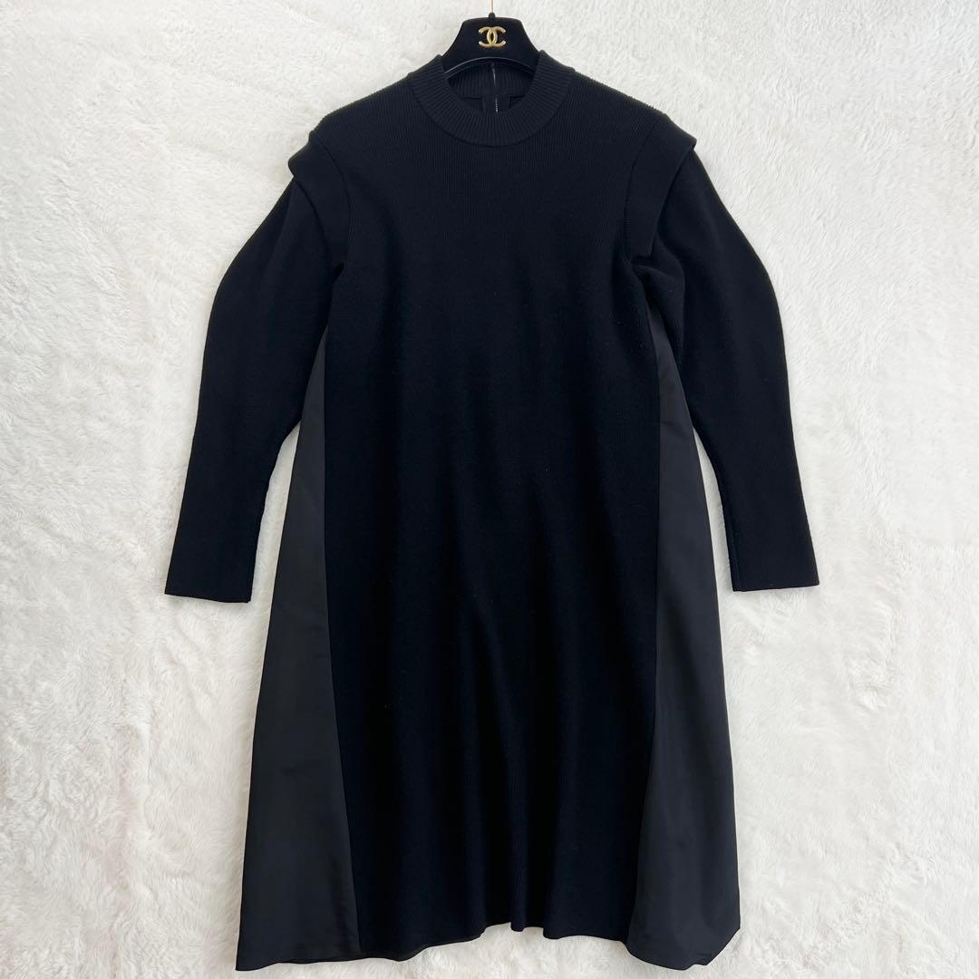 【セルフォード】レーヨンニット切り替えワンピース☆長袖☆レイヤード風☆黒☆S