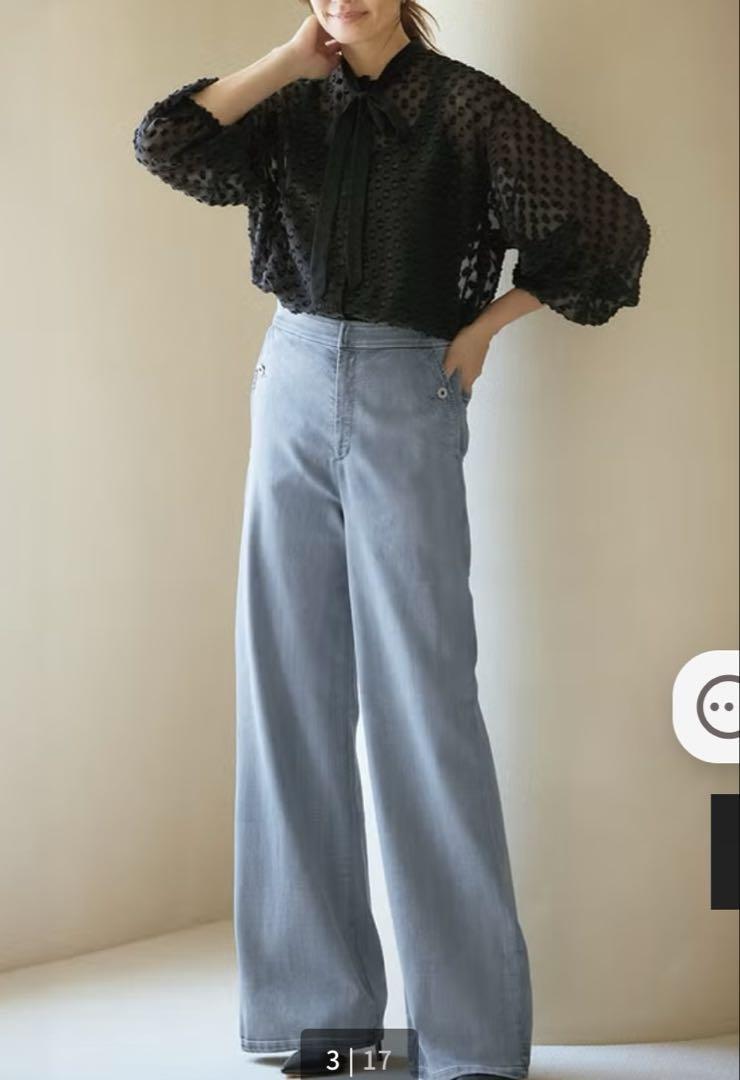 【美品】ドゥクラッセ　ストレッチデニム．ワイド　ライトインディゴ　13号