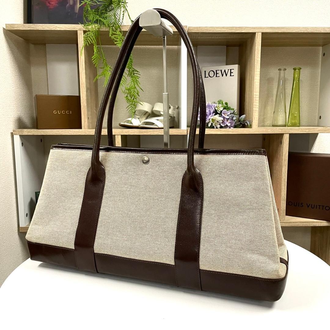 美品 レザー×キャンバス トートバック 横長 フォーマル