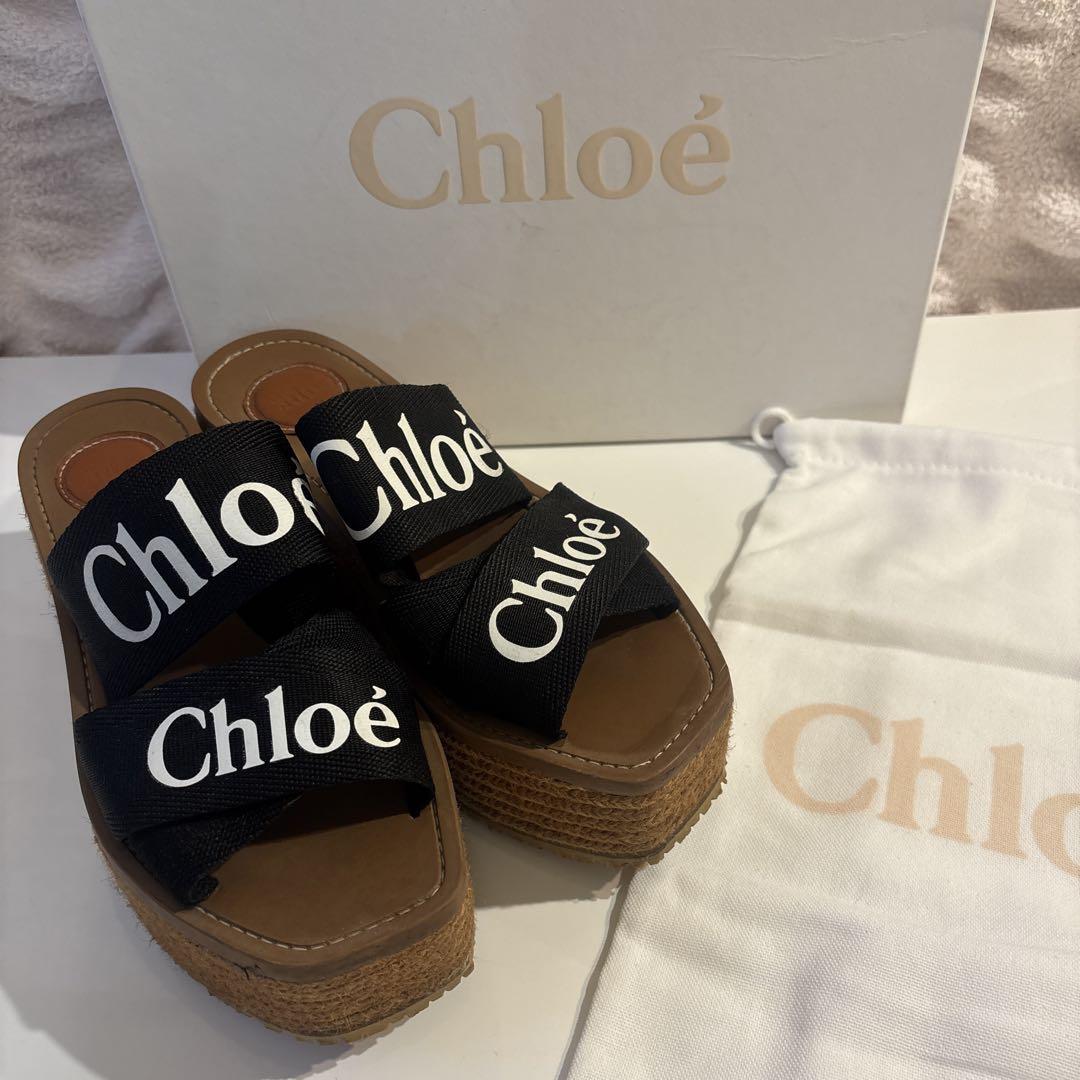 美品 クロエ Woody ウェッジエスパドリーユ　ウエッジソール　厚底 黒 ロゴ chloeクロエ Woody ウェッジエスパドリーユ ウエッジソール 厚底