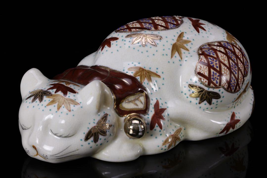 【希少・美品】九谷焼 招き猫 眠り猫 金彩色絵 紅葉文 縁起物 骨董品 古美術品