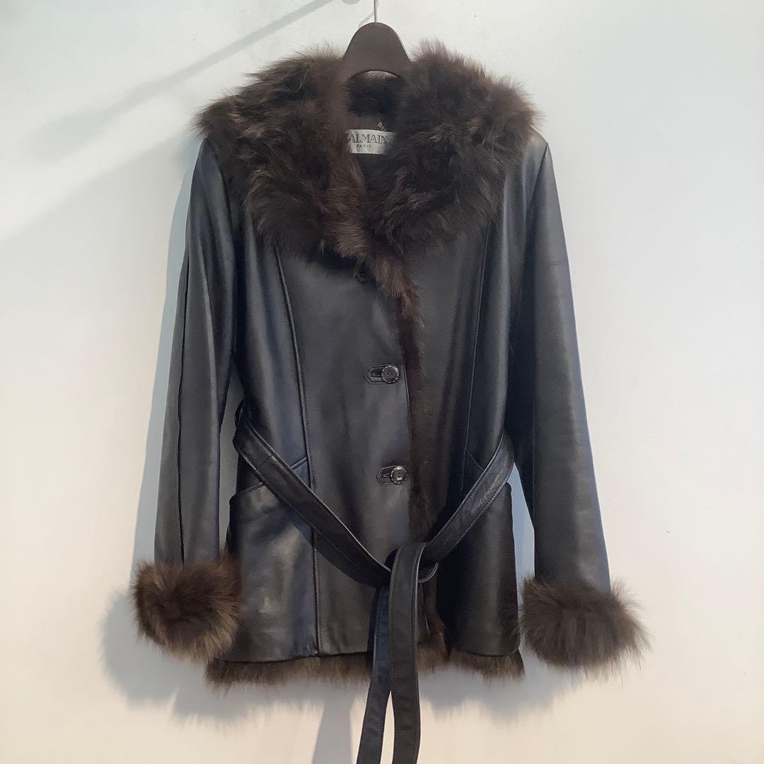 BALMAN バルマン ラムレザー×フォックスファージャケット ベルト付き 茶L BALMAIN