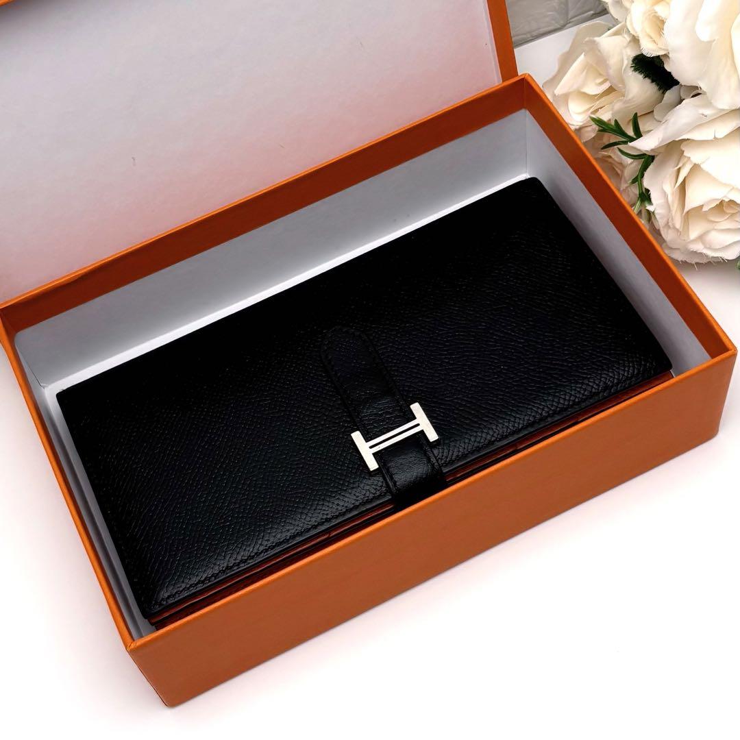 HERMES エルメス べアン スフレ 長財布 黒 ブラック オレンジ 二つ折り