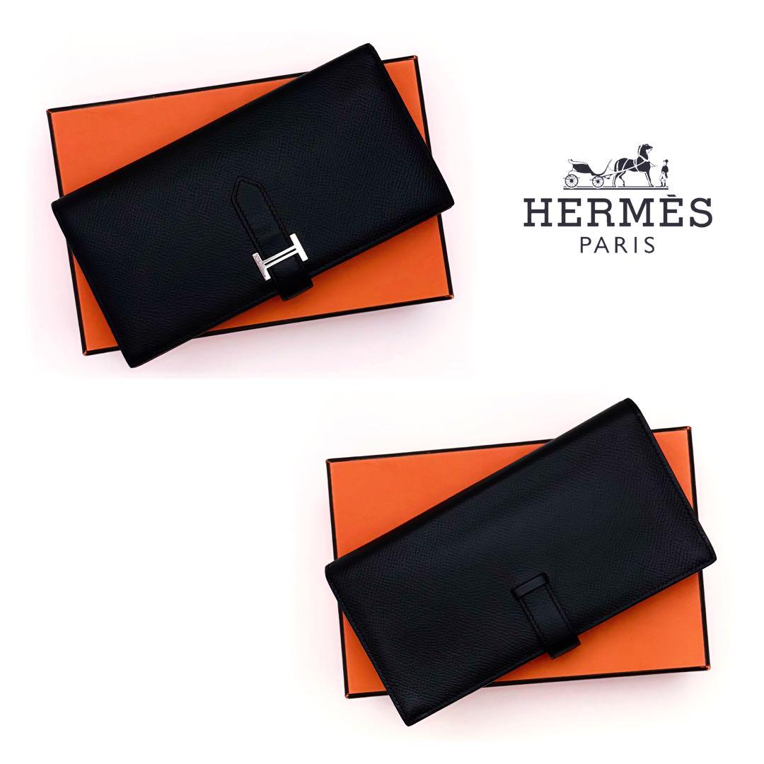 HERMES エルメス べアン スフレ 長財布 黒 ブラック オレンジ 二つ折り