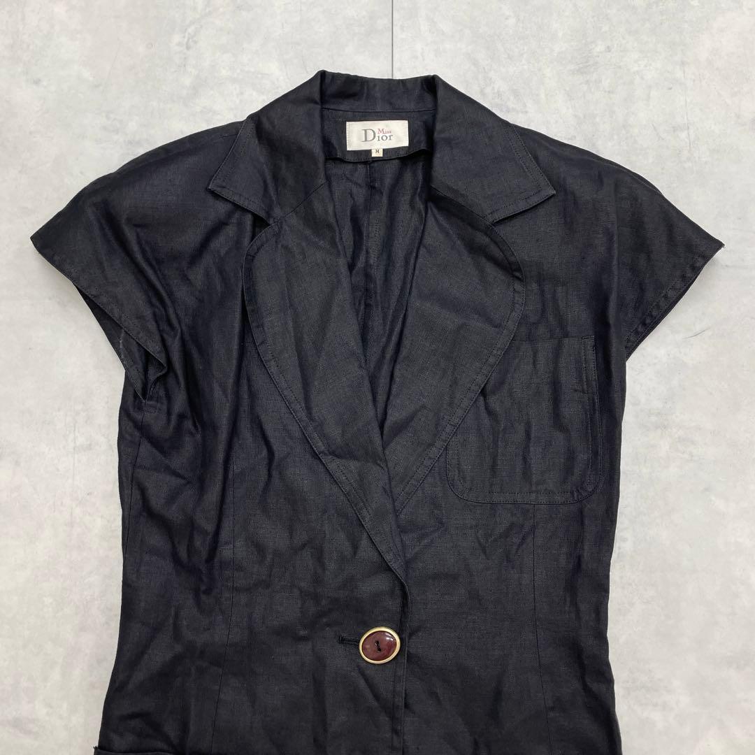 ディオール　ミス　リネン半袖　ロングジャケット　ブラウス　デザインボタン　黒　M
