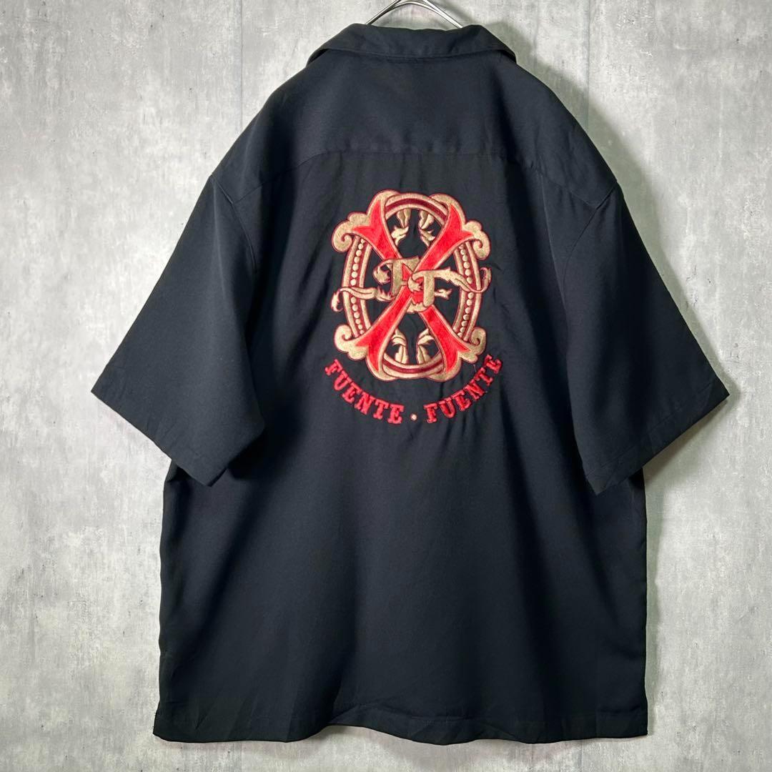 バック刺繍 オープンカラー シャツ 半袖 黒 レーヨン L