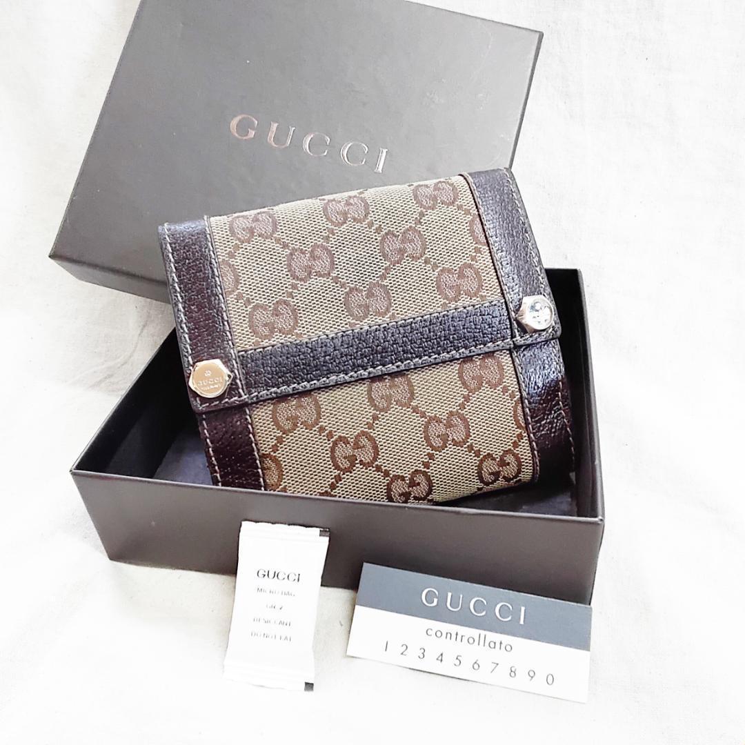 箱付き 良品 GUCCI グッチ GGキャンバス 折り財布 六角ビット