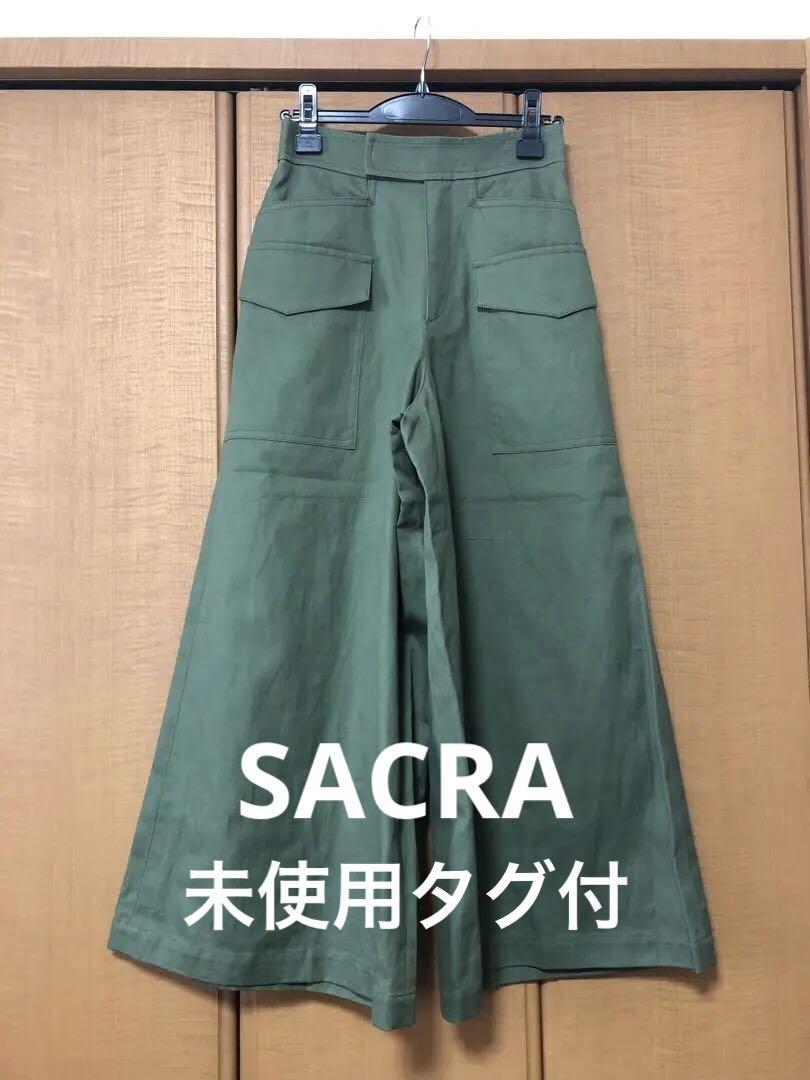 SACRAサクラ コットンリネン ハイウェストワイドパンツ カーキ