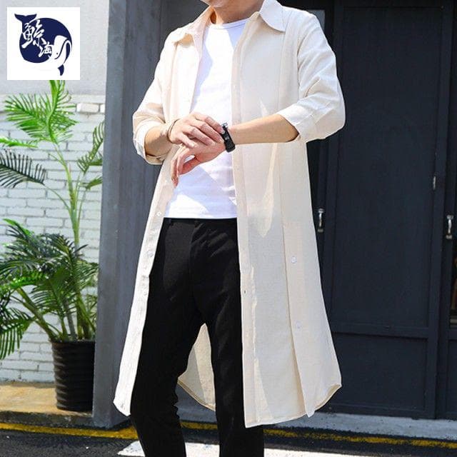 Tシャツ メンズ シャツ 七分袖 薄手 無地 ロング丈 コート リネンシャツXL(LL)