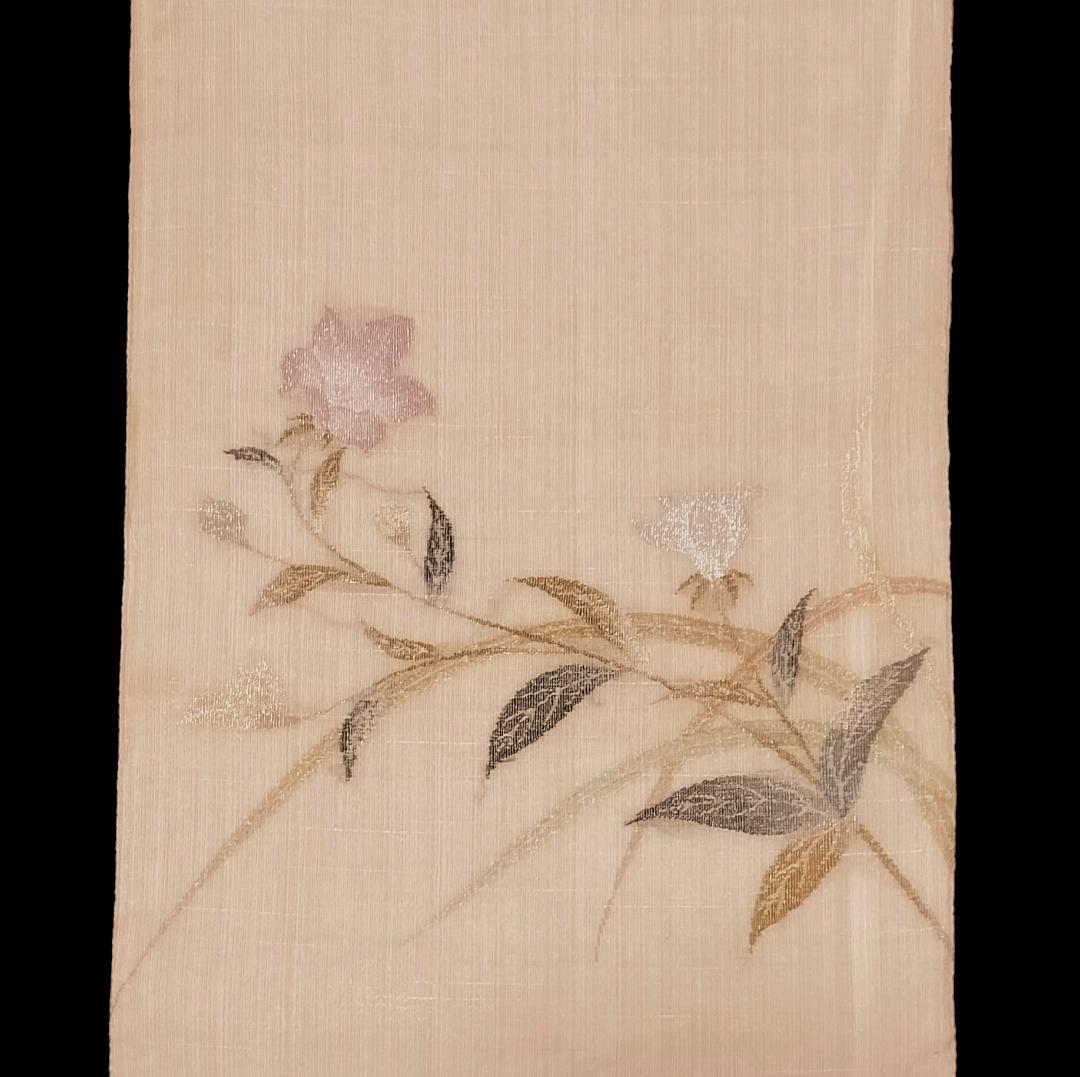 【メーカー再生品】 夏袋帯】桔梗模様 セミ 優美 ベージュ 正絹 アンティーク 紗 着物・浴衣