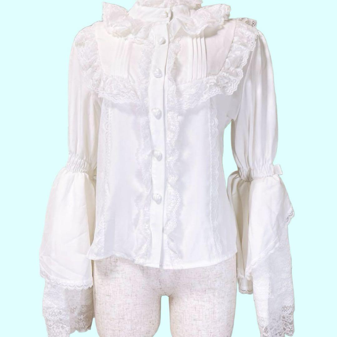フォロー割◆M◆姫袖ブラウス　フリールレース　ロリータコスプレ衣装　ホワイト Amazon | コスプレロリータ 上質白シフォンブラウス レディース