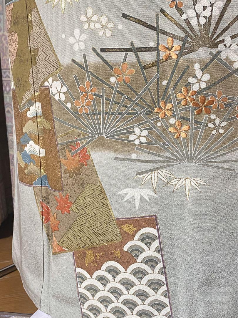 e10528○色留袖○正絹○比翼仕立て○家紋3つ○灰色○刺繍