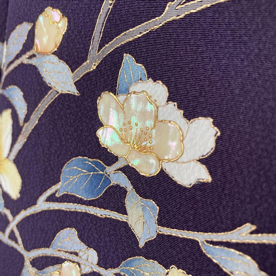 訪問着　螺鈿　ラデン　特殊技法　手描き　紫　しつけ糸　友禅　花　新品　逸品