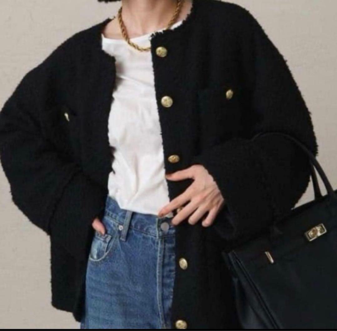 ノーカラーツイードジャケット　ラウンジドレス　ブラック　カーディガン　長袖