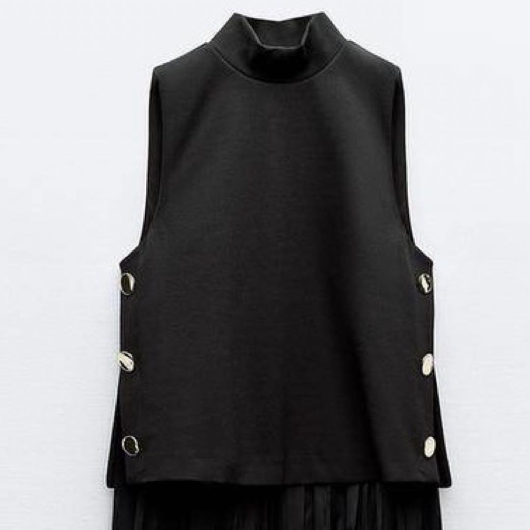 新品タグ付き◆ZARA サイドボタン プリーツ ミディワンピース◆XS