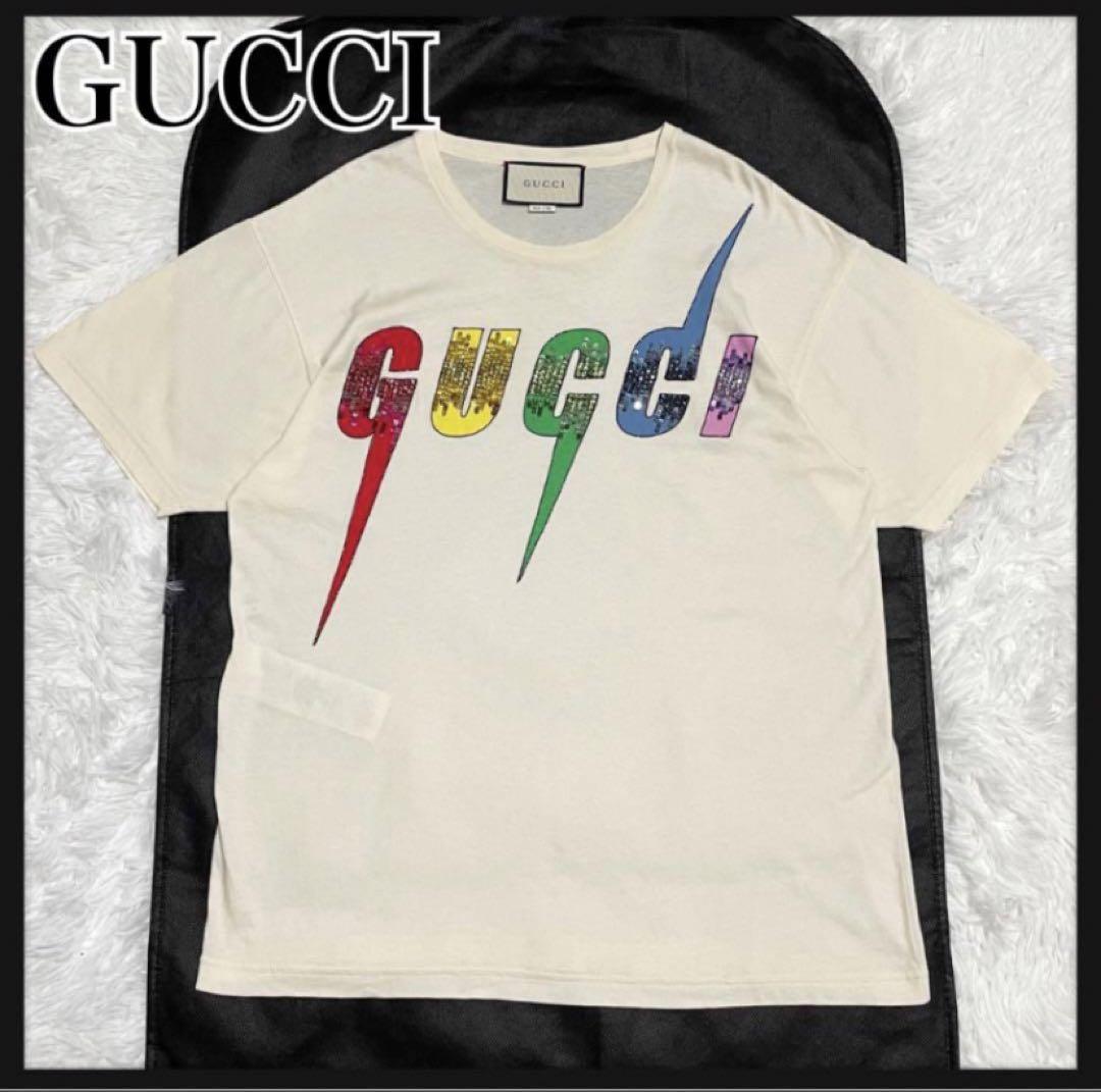 【人気デザイン】 GUCCI スパンコール センターロゴ Tシャツ 半袖