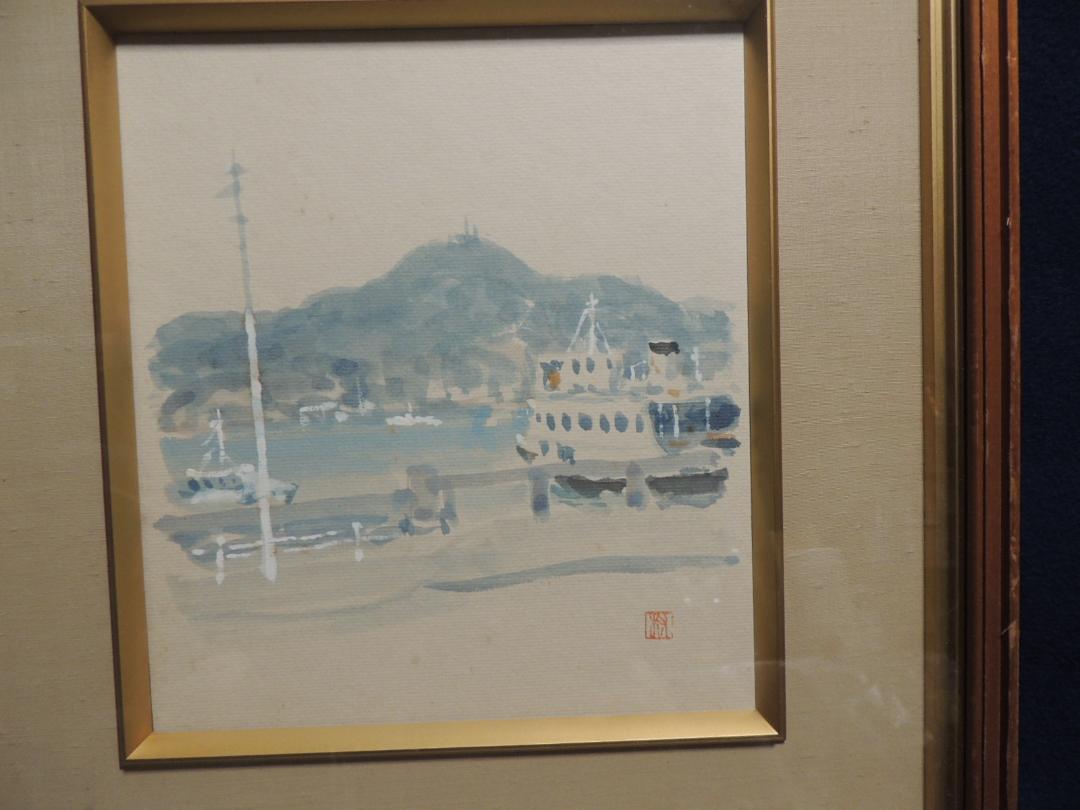 色紙、額装「大浦海岸」日本水彩画会、村井喜次、長崎県