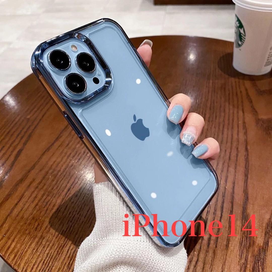 iPhone 14 ケースブルー青メッキクリアハードカバー透明韓国耐衝撃外枠