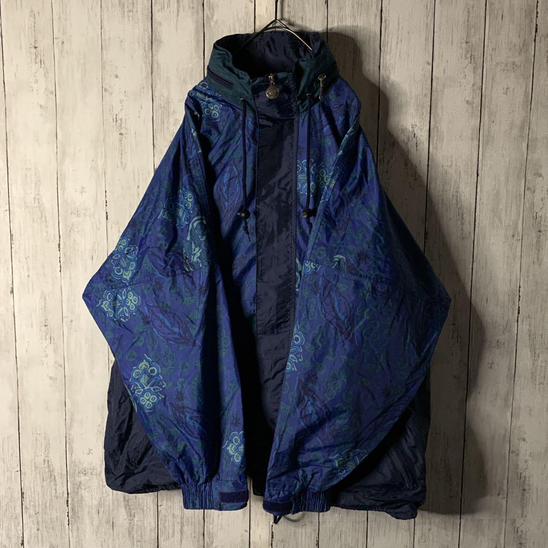 古着 JEANTEX ブルー 総柄 ナイロンジャケット ビッグシルエット