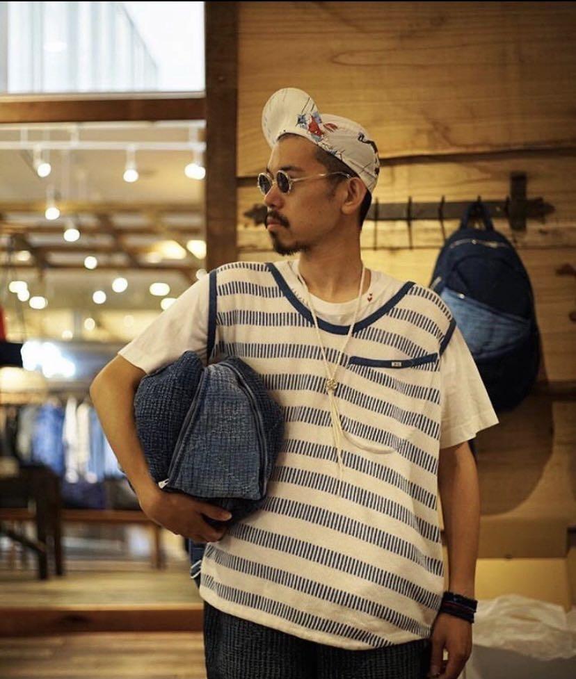 トップス PORTER CLASSIC BORDER KNIT VEST BLUE