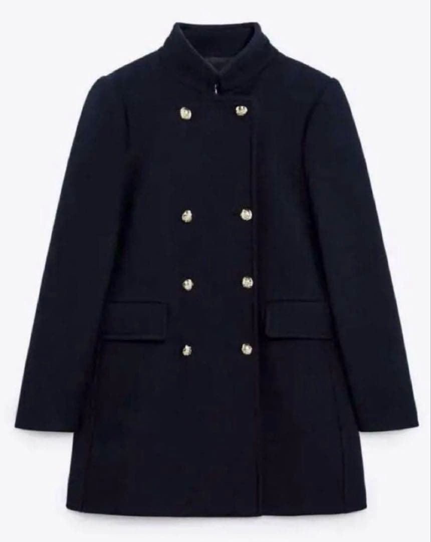 ZARA ウール混紡ダブルブレスト仕様コート ネイビー ブルー