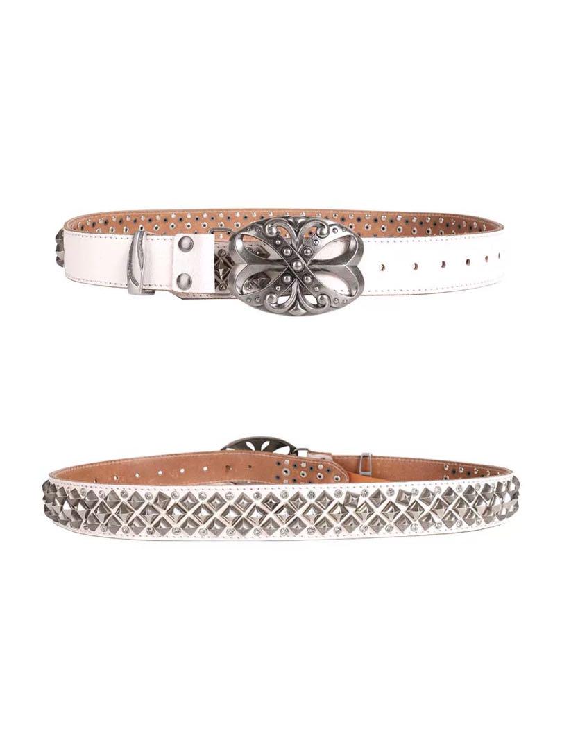 DND4DES メタル ベルトbelt y2k DND4DES Studded Rhinestone Carved Buckle Leather Belt