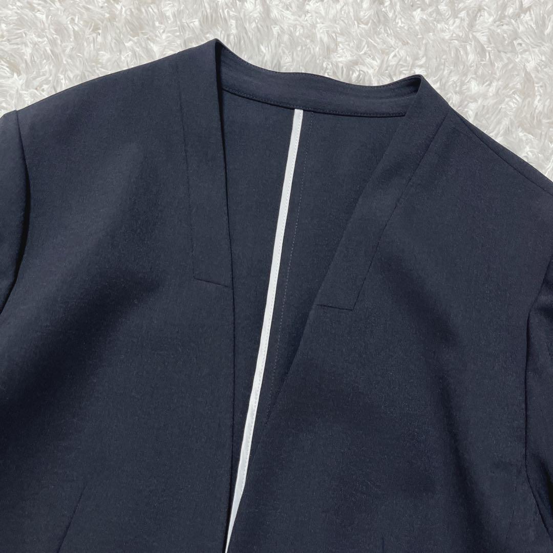 タグ付き新品✨アオキ　LES MUES　ノーカラージャケット　紺　洗える　XL