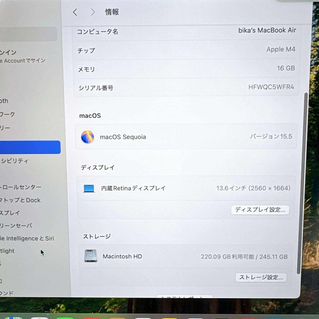 超美品MacBook Air M4 16GB/256GB BT100% 超美品MacBook Air M4 16GB/256GB BT100%