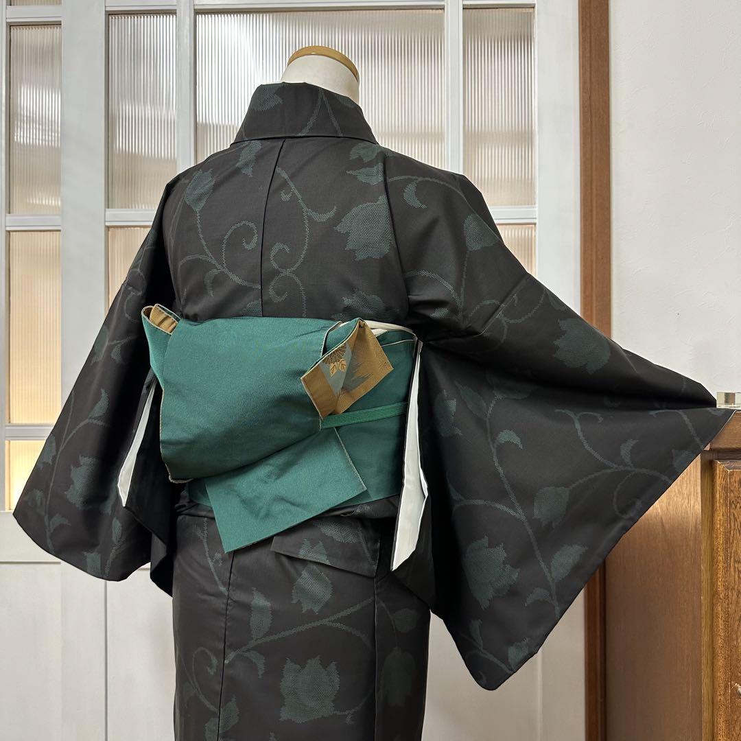 スピ買■大島紬 黒 横ソ 草花 縦縞 証紙付 正絹