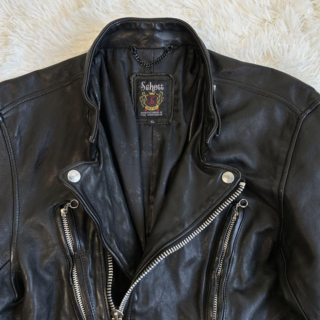 【極美品】ショット 羊革 ダブルライダースジャケット ラムレザー 黒 XL